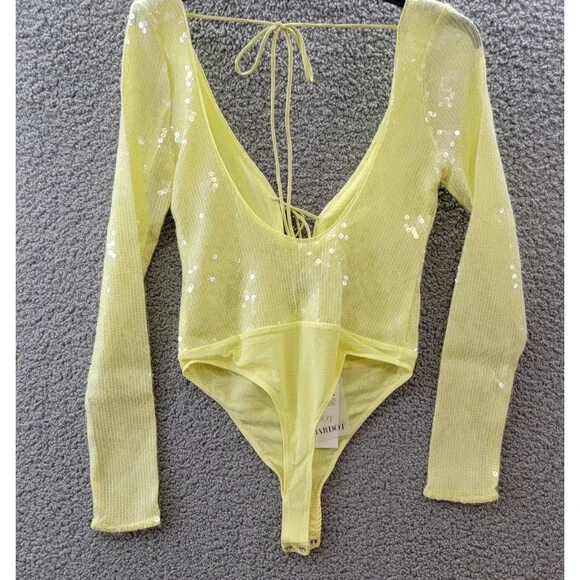 Bardot Verona Sequined Bodysuit Top Women's 6 Canary Yellow Long Sleeve Snap - Picture 10 of 15
